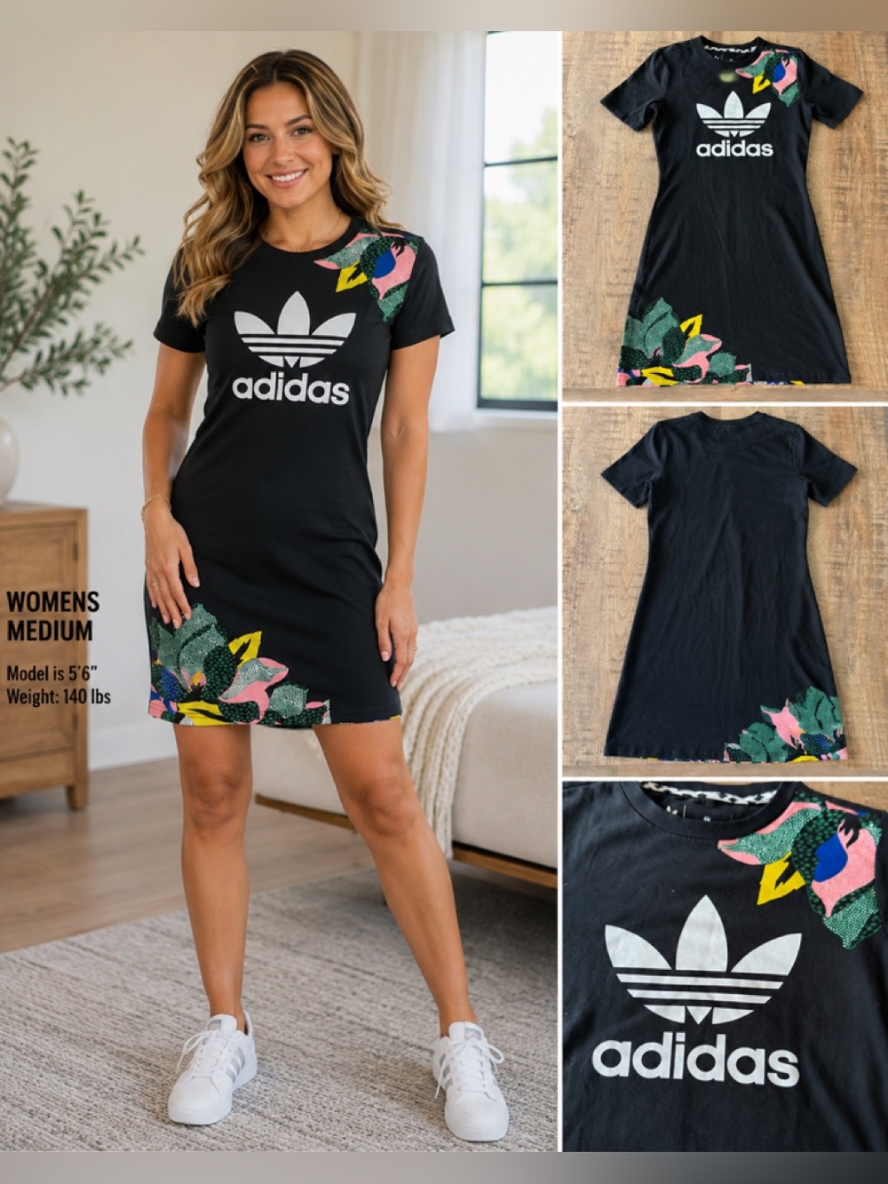adidas Black Tee Mini Dress with Pink Green Yellow Floral Accents